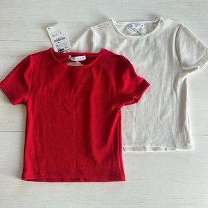 NWT - Zara Girls Ribbed Short Sleeve Top w/Back Cut Outs Red/White Size 11-12